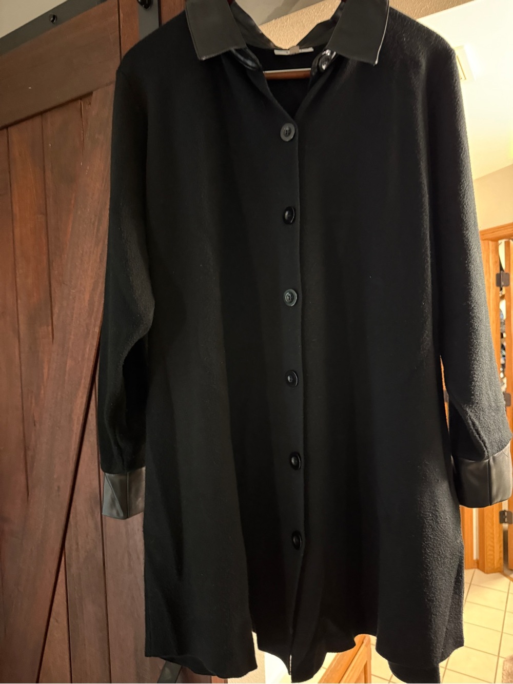 Sioni Black Button-Front Coat with Faux Leather Trim